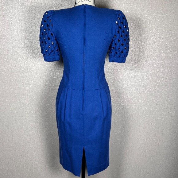 Vintage Warren Petites Sz 2P Cocktail Dress Formal Royal Blue Lattice Sleeves - Picture 2 of 12